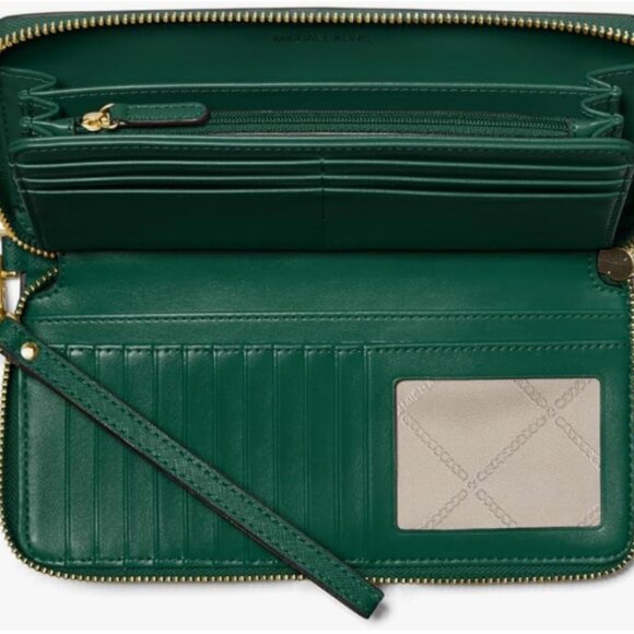 Michael Kors Large Jet Set Leather Continental Wallet Wristlet Racing Green - Picture 2 of 6